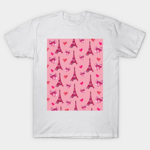 Girly Eiffel Tower Pattern in Watercolours Pink Background T-Shirt by ArtInPi